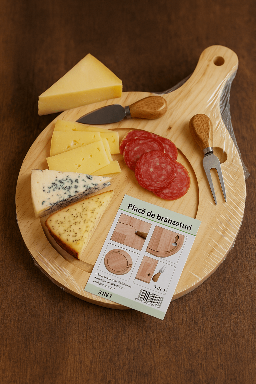 Platou din lemn rotund 3 în 1 cu cuțit și furculiță pentru brânzeturi - trendyo.ro