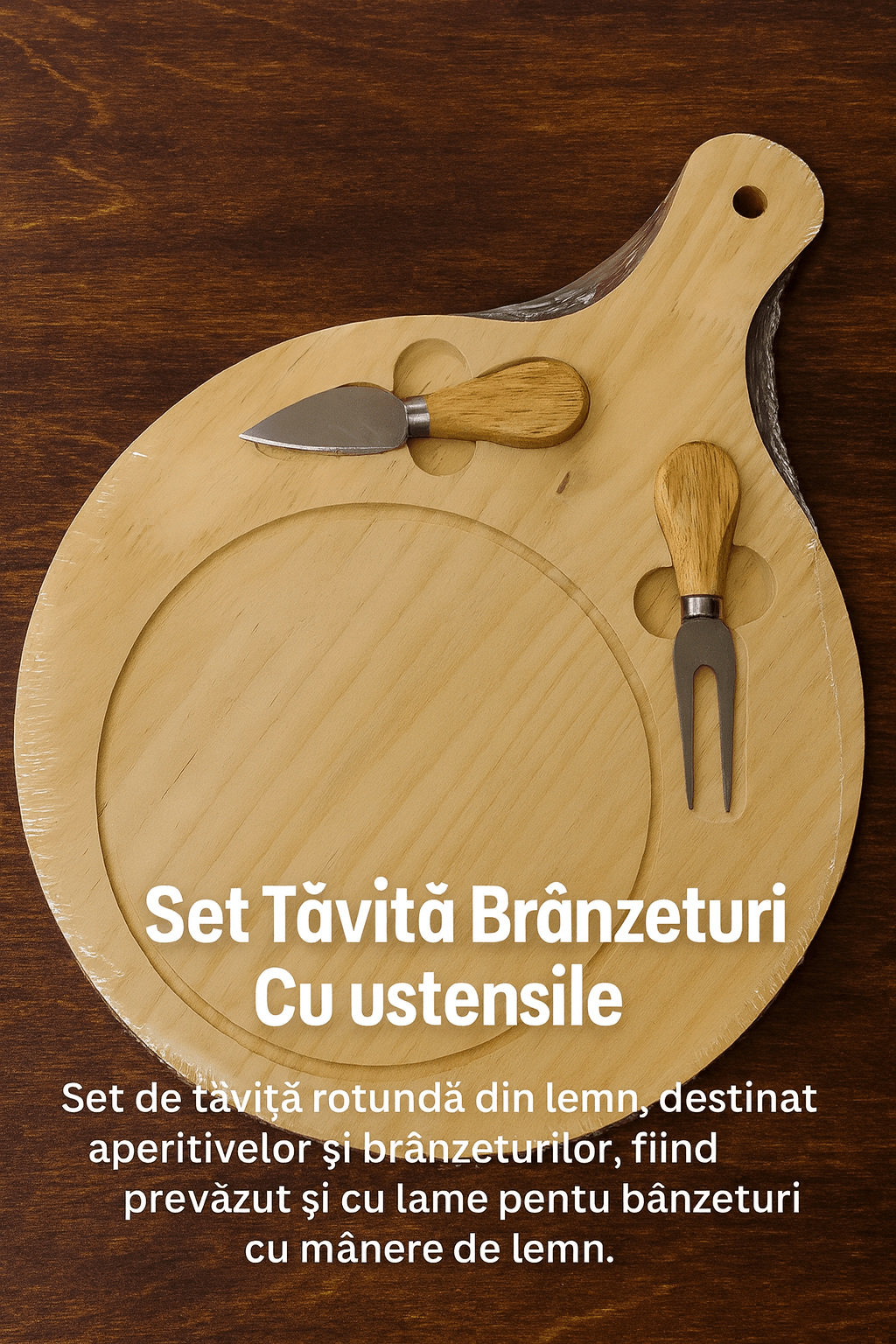 Platou din lemn rotund 3 în 1 cu cuțit și furculiță pentru brânzeturi - trendyo.ro