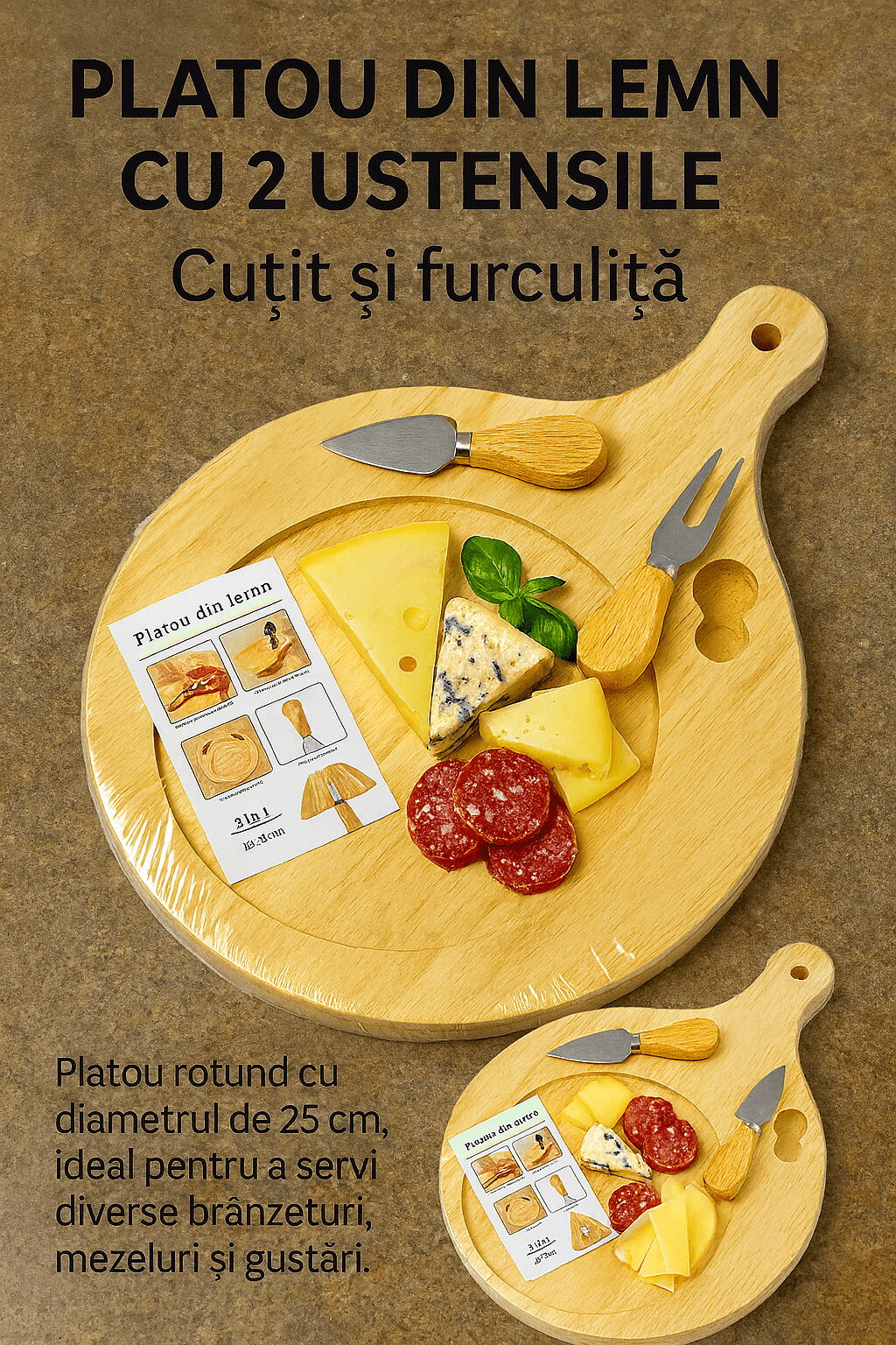 Platou din lemn rotund 3 în 1 cu cuțit și furculiță pentru brânzeturi - trendyo.ro