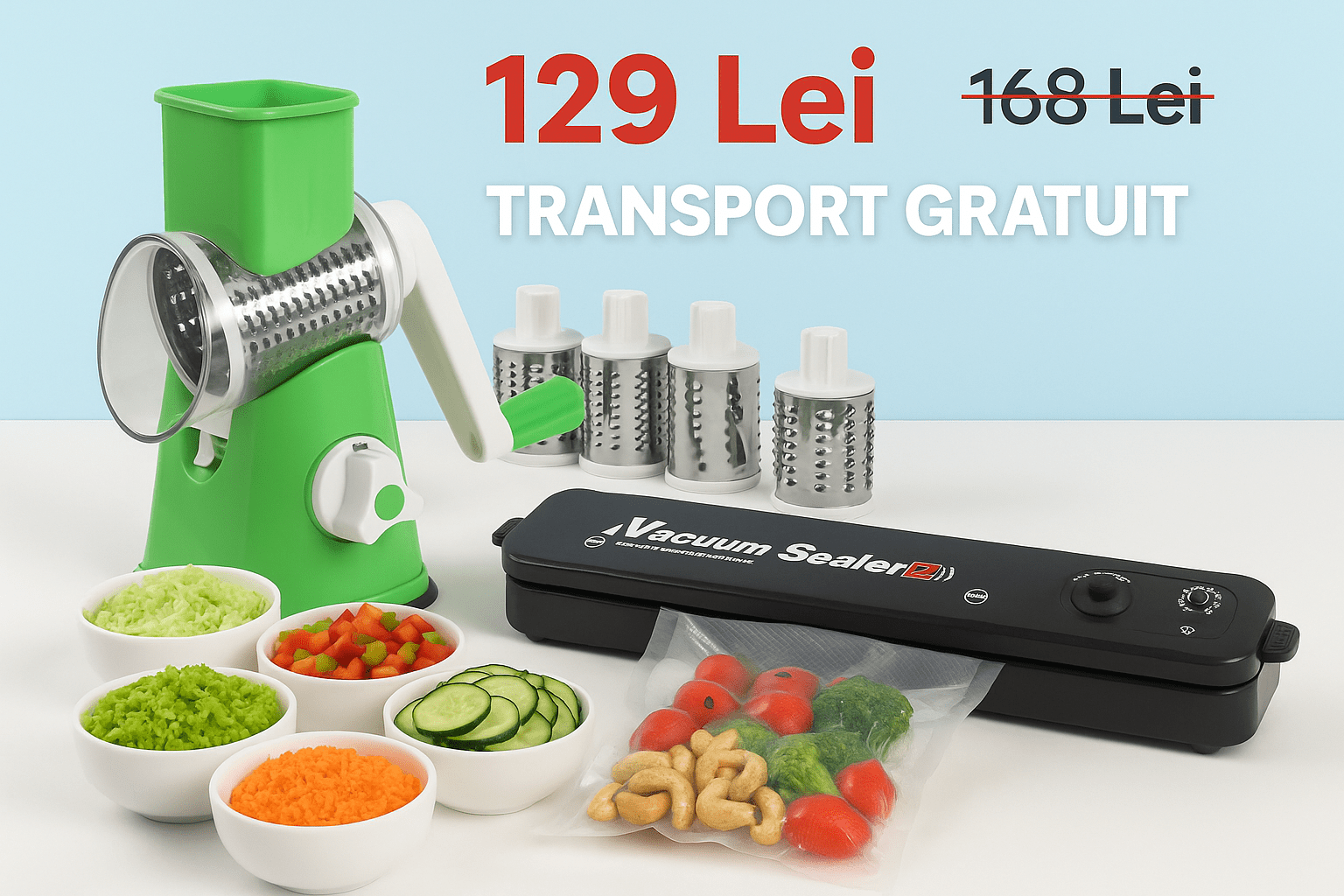 Răzătoare rotativă multifuncțională cu 3 tamburi din inox pentru legume, fructe și brânzeturi - trendyo.ro