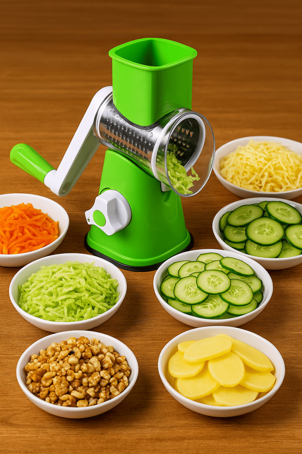 Răzătoare rotativă multifuncțională cu 3 tamburi din inox pentru legume, fructe și brânzeturi - trendyo.ro