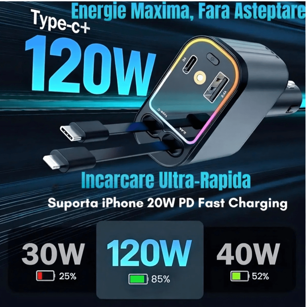 Încărcător Auto Magic 4 in 1 cu Lumină - trendyo.ro