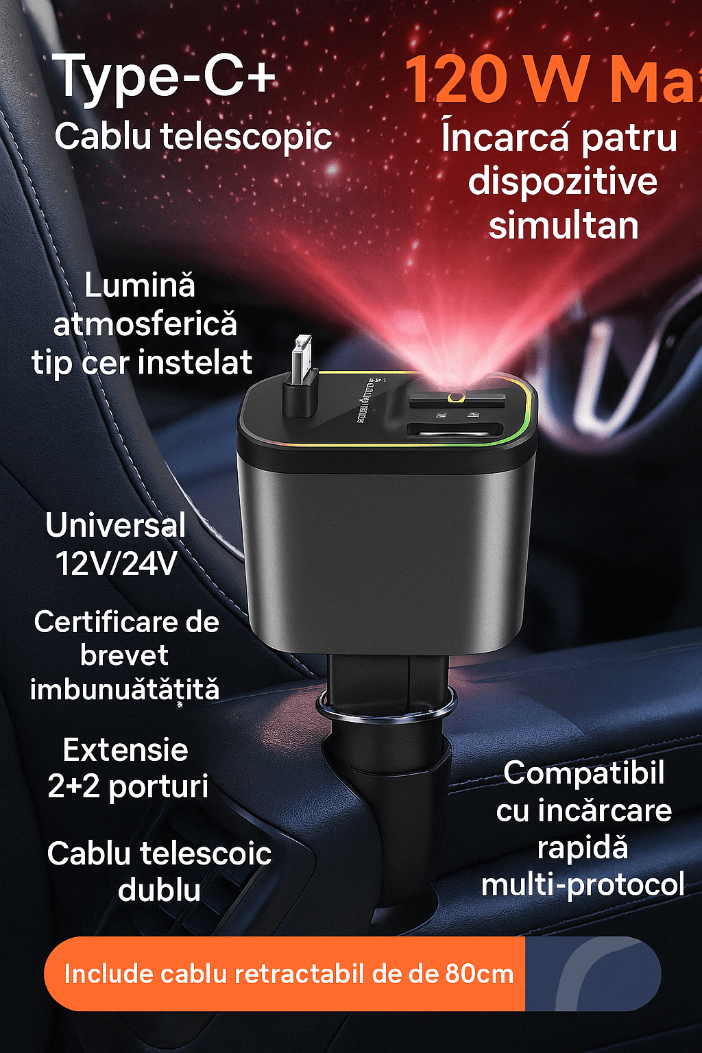 Încărcător Auto Magic 4 in 1 cu Lumină - trendyo.ro