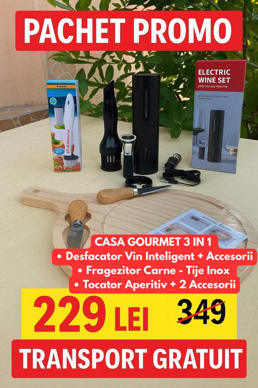Pachet Casa Gourmet 3 în 1 – Set Bucătărie Premium cu Desfăcător Vin, Fragezitor și Tocător Brânzeturi - trendyo.ro