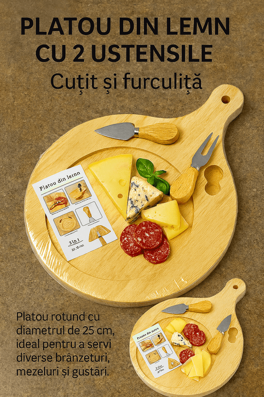 Platou din lemn rotund 3 în 1 cu cuțit și furculiță pentru brânzeturi - trendyo.ro