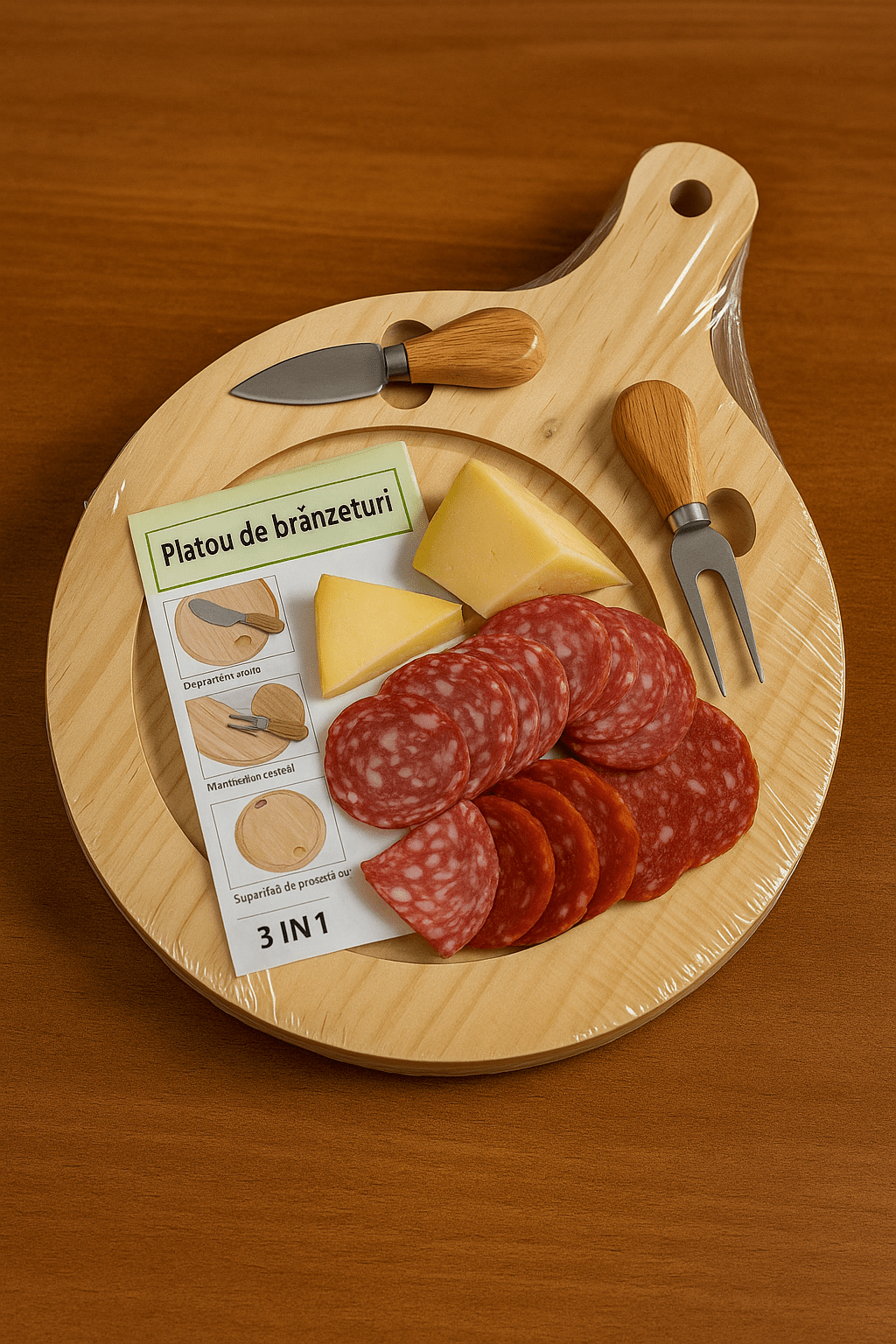 Platou din lemn rotund 3 în 1 cu cuțit și furculiță pentru brânzeturi - trendyo.ro