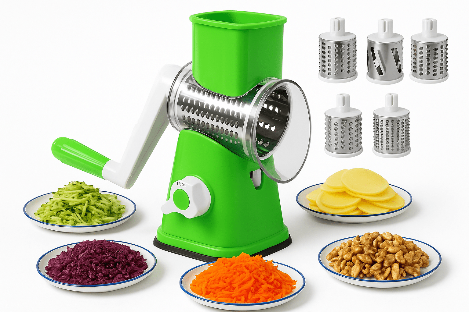 Răzătoare rotativă multifuncțională cu 3 tamburi din inox pentru legume, fructe și brânzeturi - trendyo.ro