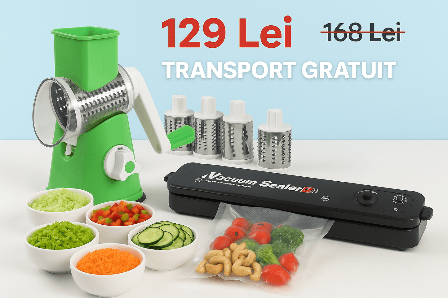 Răzătoare rotativă multifuncțională cu 3 tamburi din inox pentru legume, fructe și brânzeturi - trendyo.ro