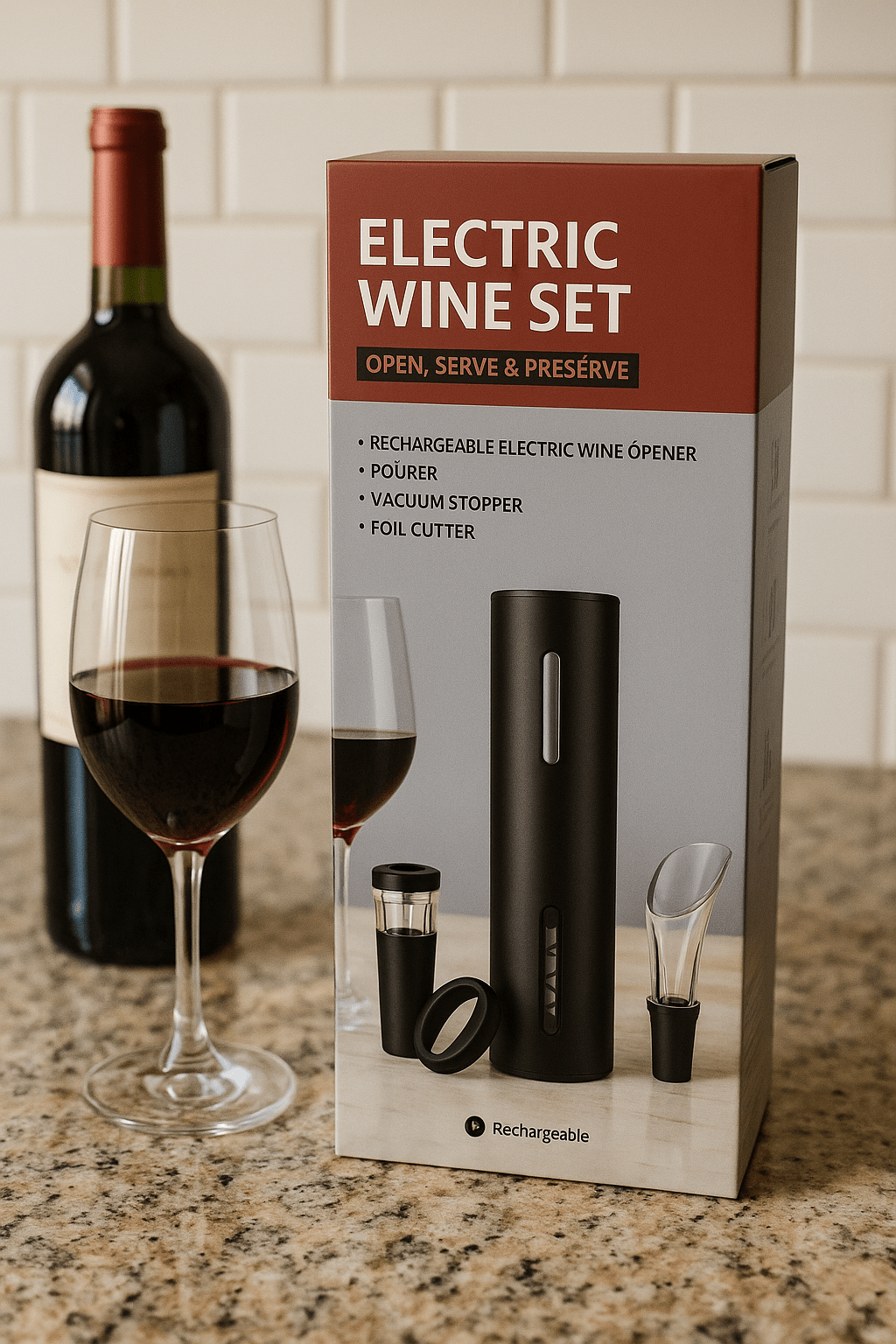 Set Electric Deschizător de Vin 4 în 1 – Cu Accesorii Premium, Reîncărcabil USB, 149 Lei - trendyo.ro